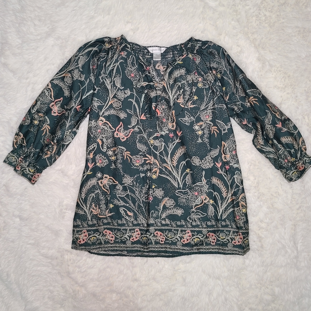 Christopher & Banks Butterfly and Flower 3/4 Sleeve Top